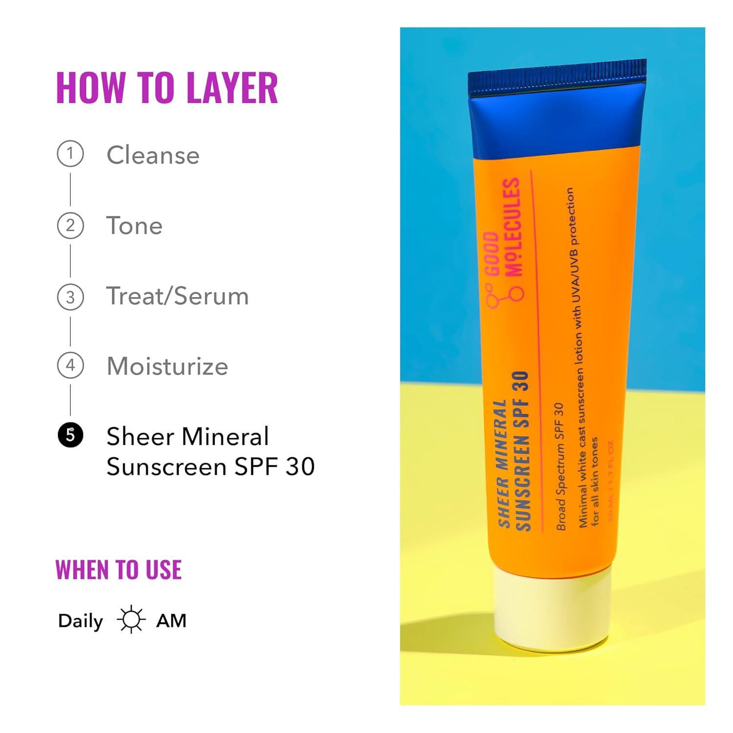 imageGood Molecules Sheer Mineral Sunscreen SPF 30 Minimal White Cast Zinc Oxide Sunscreen For Face Hydrating Hyaluronic Acid UVAUVB Protection ReefSafe